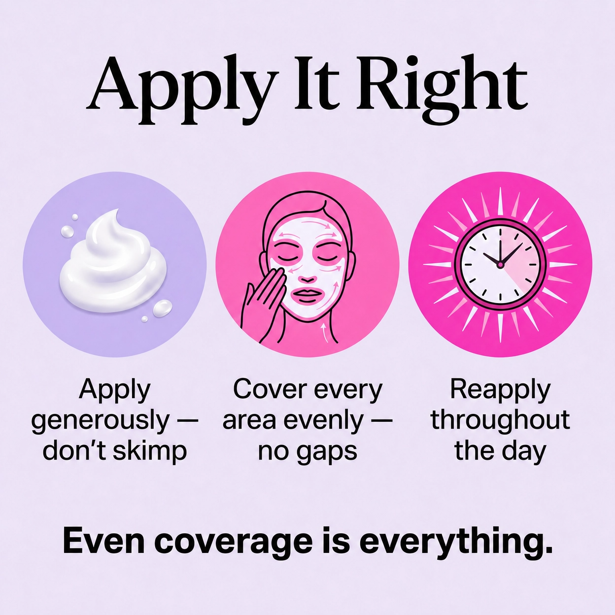 Instructions for applying a skincare product with icons and text on a light purple background.