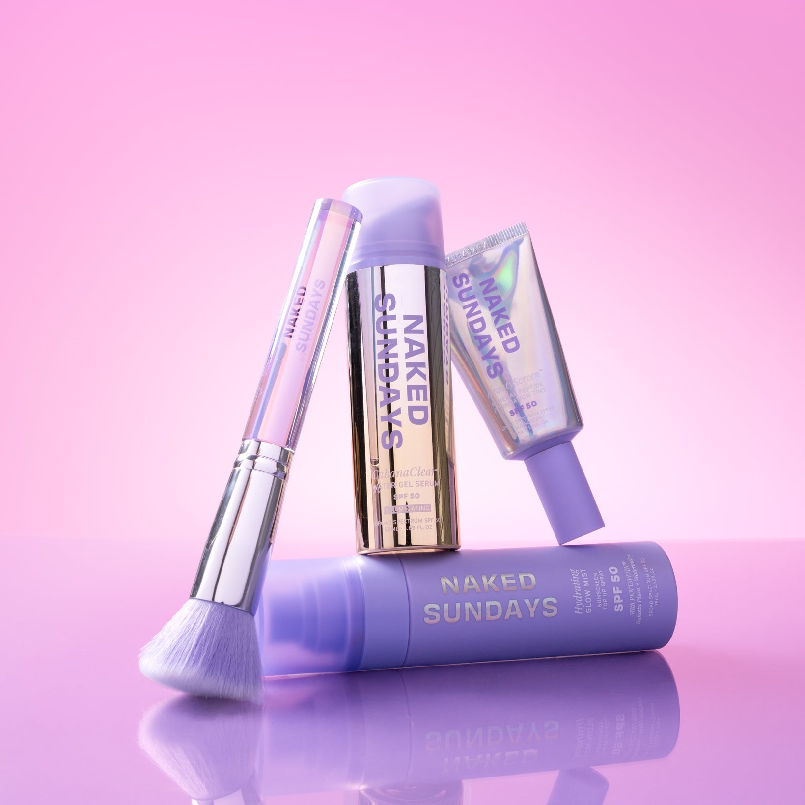 Makeup products with 'Naked Sundays' branding on a pink background