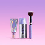 Naked Sundays bestselling SPF products including a tube of BeautyScreen SPF50 Skin Tint, a bottle of CabanaClear Serum, and the SPF BFF brush on a pink background.