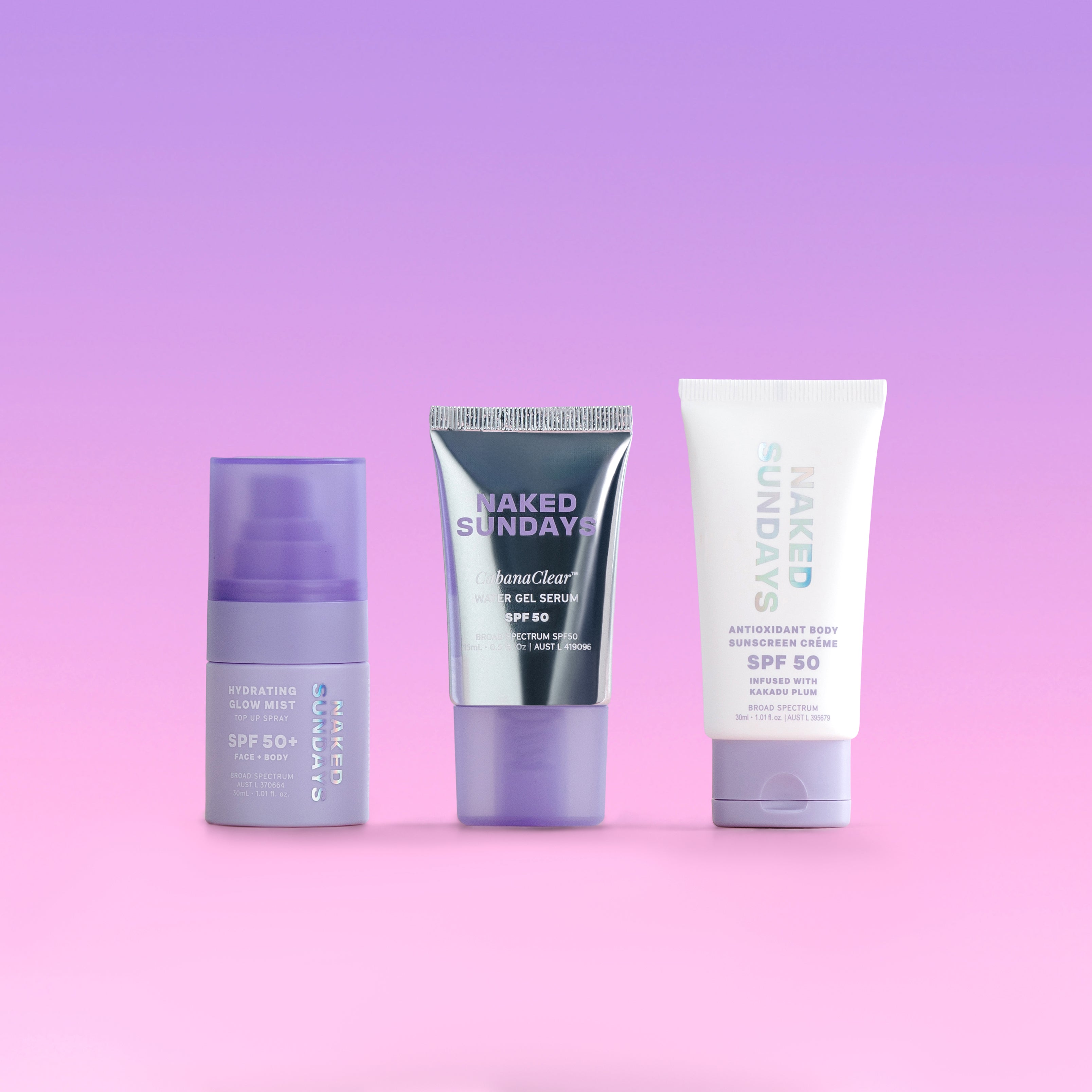 Naked Sundays Mini CabanaClear Water Gel Serum, Antioxidant Body Sunscreen Creme in travel size and mini Hydrating Glow Mist Top Up Spray. 