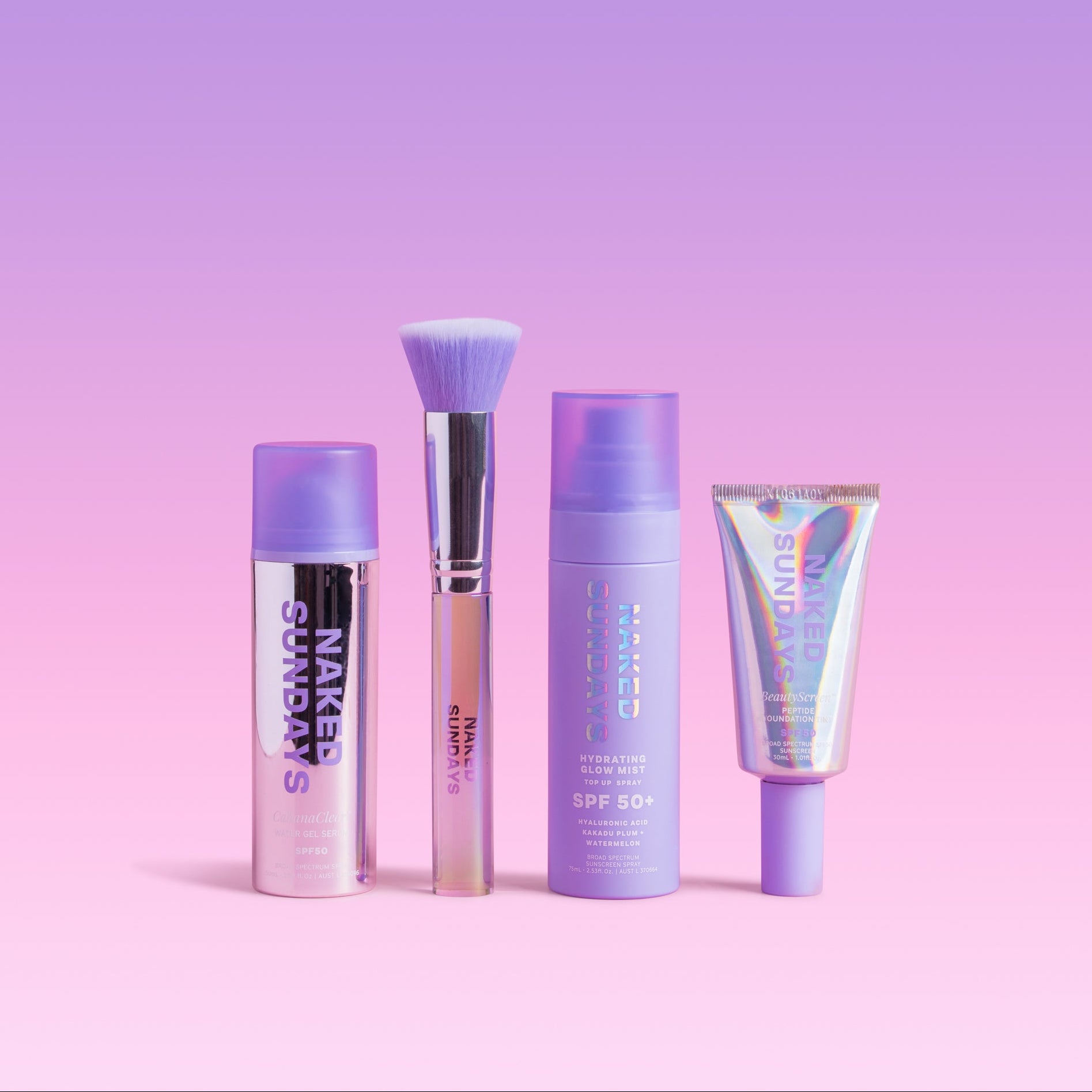 Naked Sundays products on a gradient pink to purple background.
