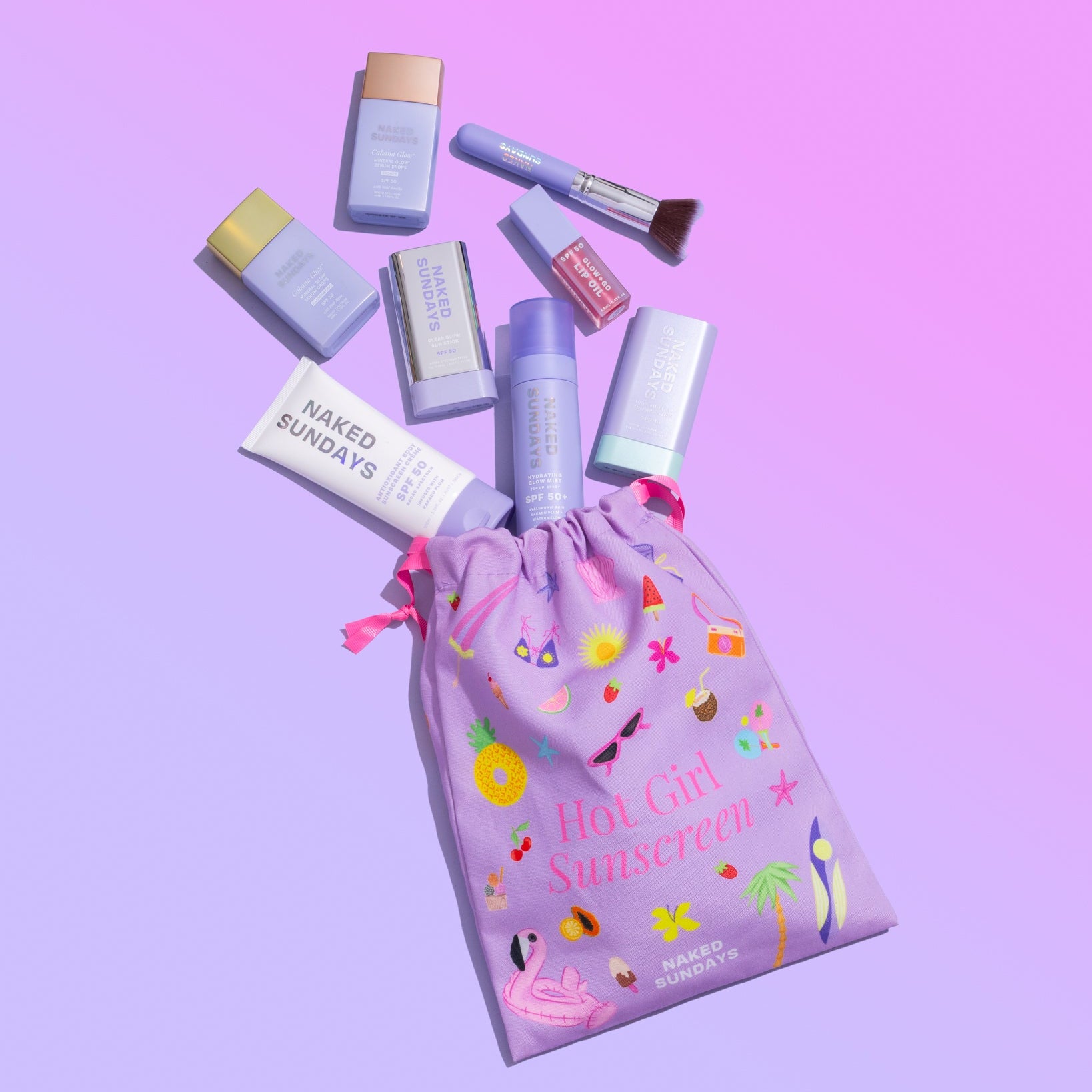 Collection of Naked Sundays products including a 'Hot Girl Sunscreen' bag on a pink background