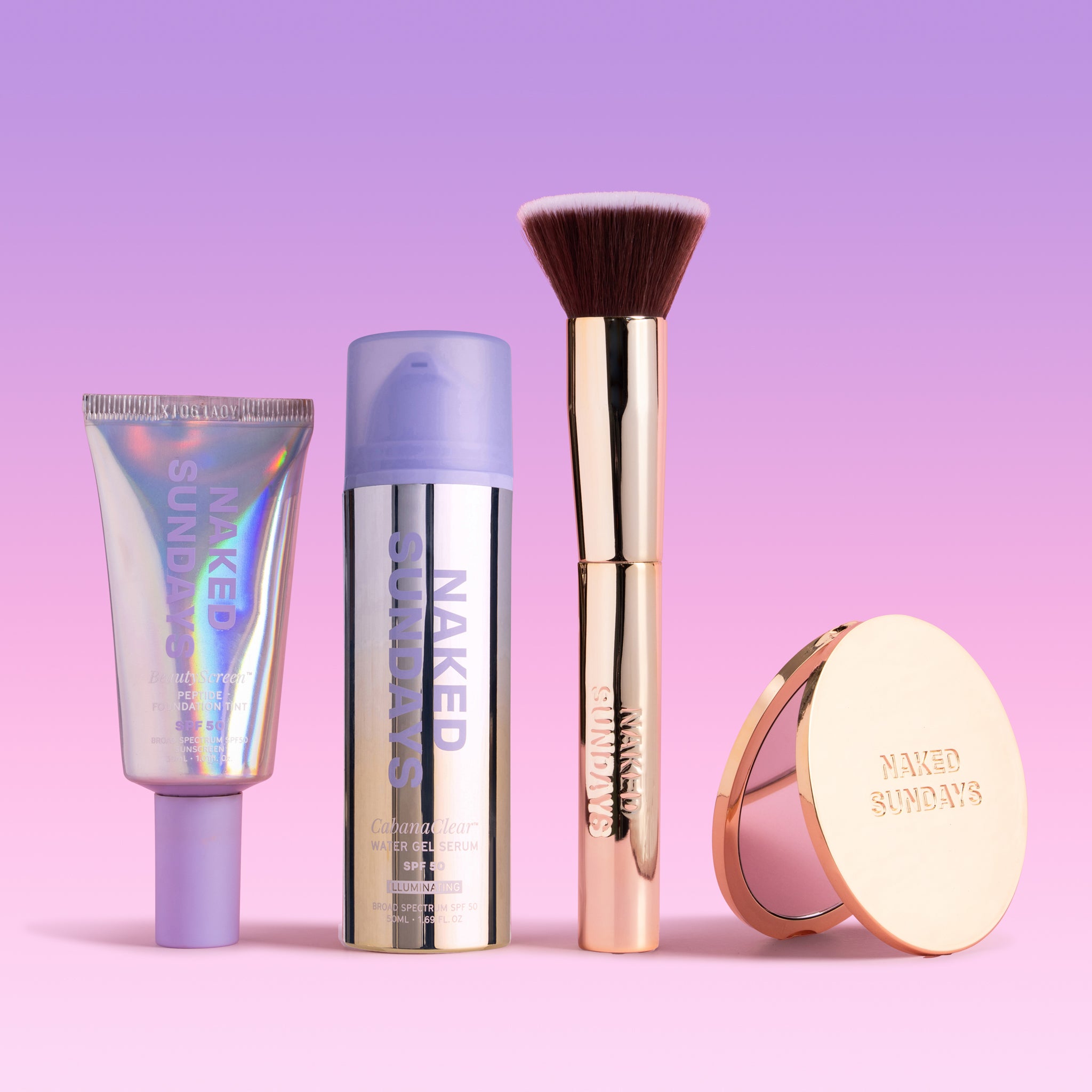 SPF Makeup products including BeautyScreen, CabanaClear in Illuminating, a gold compact mirror, and a gold brush with 'Naked Sundays' branding on a gradient pink and purple background.