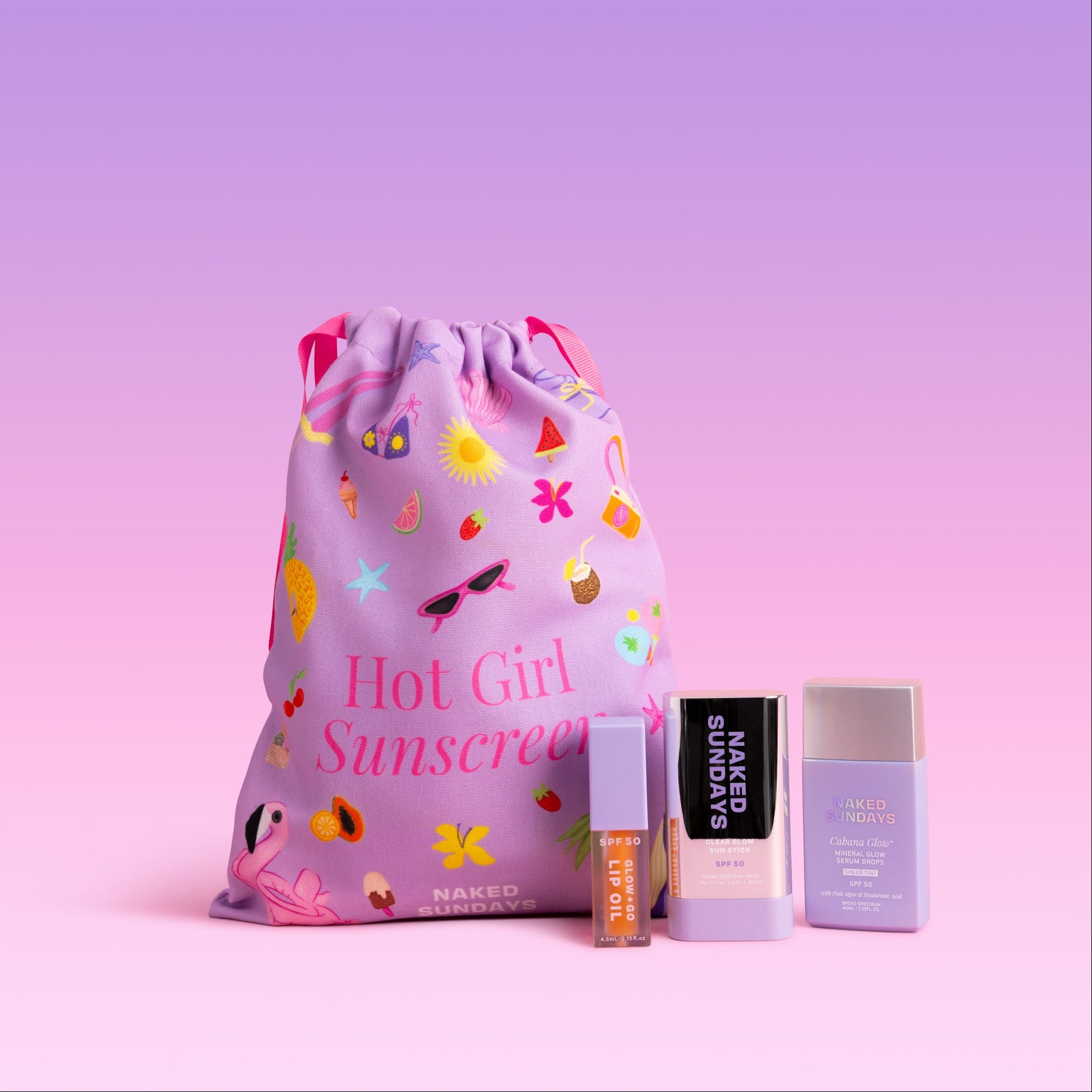 Naked Sundays drawstring bag with 'Hot Girl Sunscreen' text and three Glow products: Clear Glow Sun Stick, Cabana Glow Mineral Glow Serum Drops and Glow + Go Lip Oil in Salted Caramel.