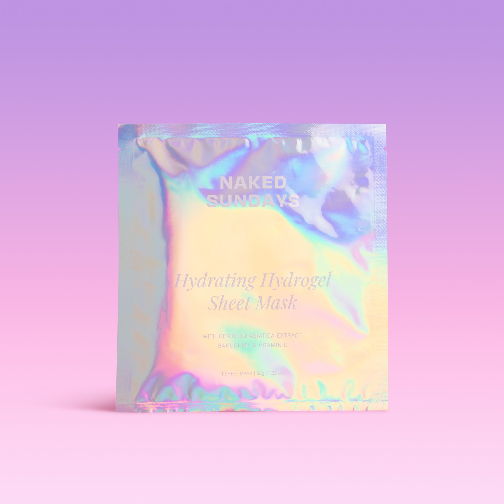 Naked Sundays Hydrating Hydrogel Sheet Mask in translucent packaging on a pink and purple holographic background.