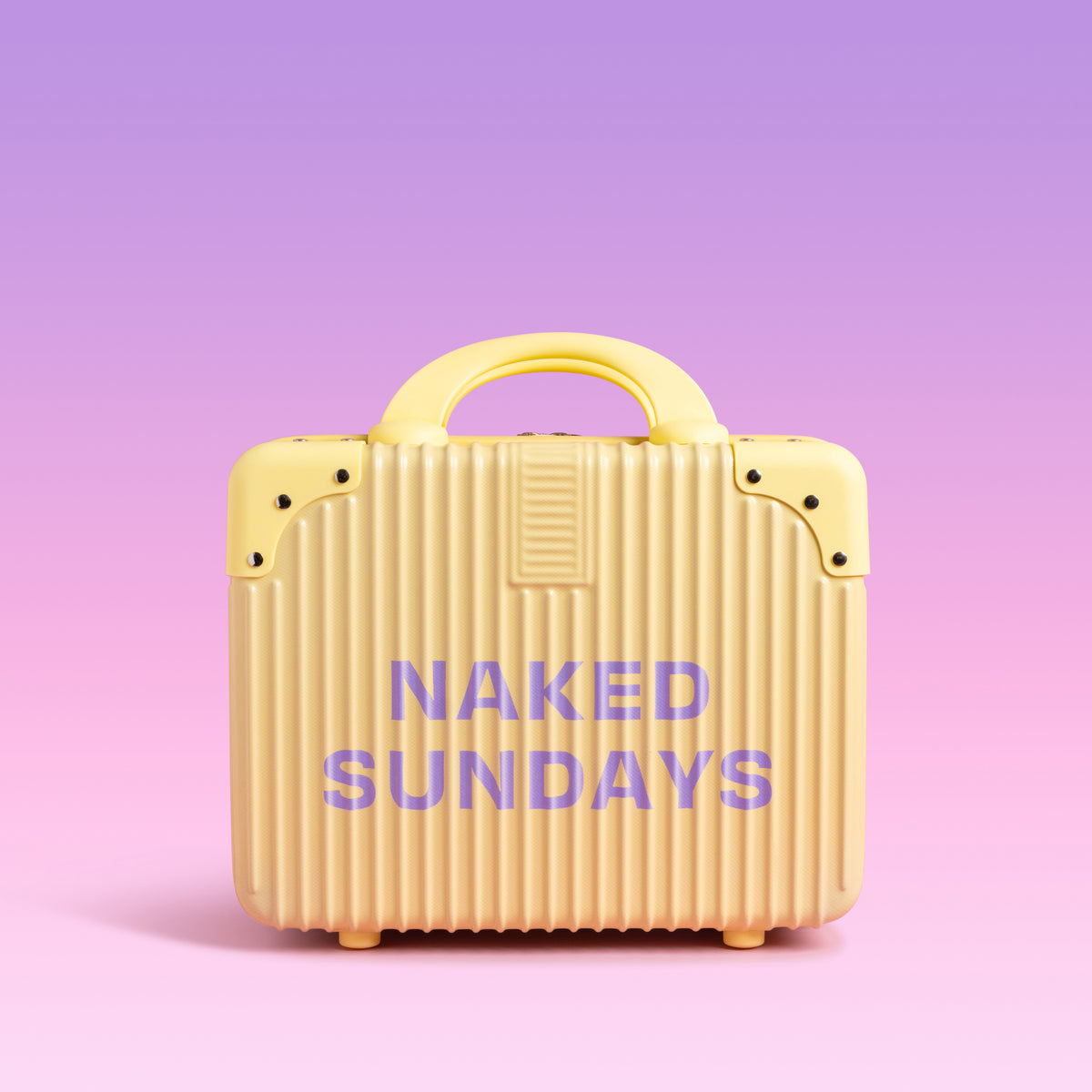 A retro-style yellow hard-shell suitcase with vertical ridges, a top handle, and the words 'NAKED SUNDAYS' printed in purple on the front, set against a pink-to-purple gradient background.